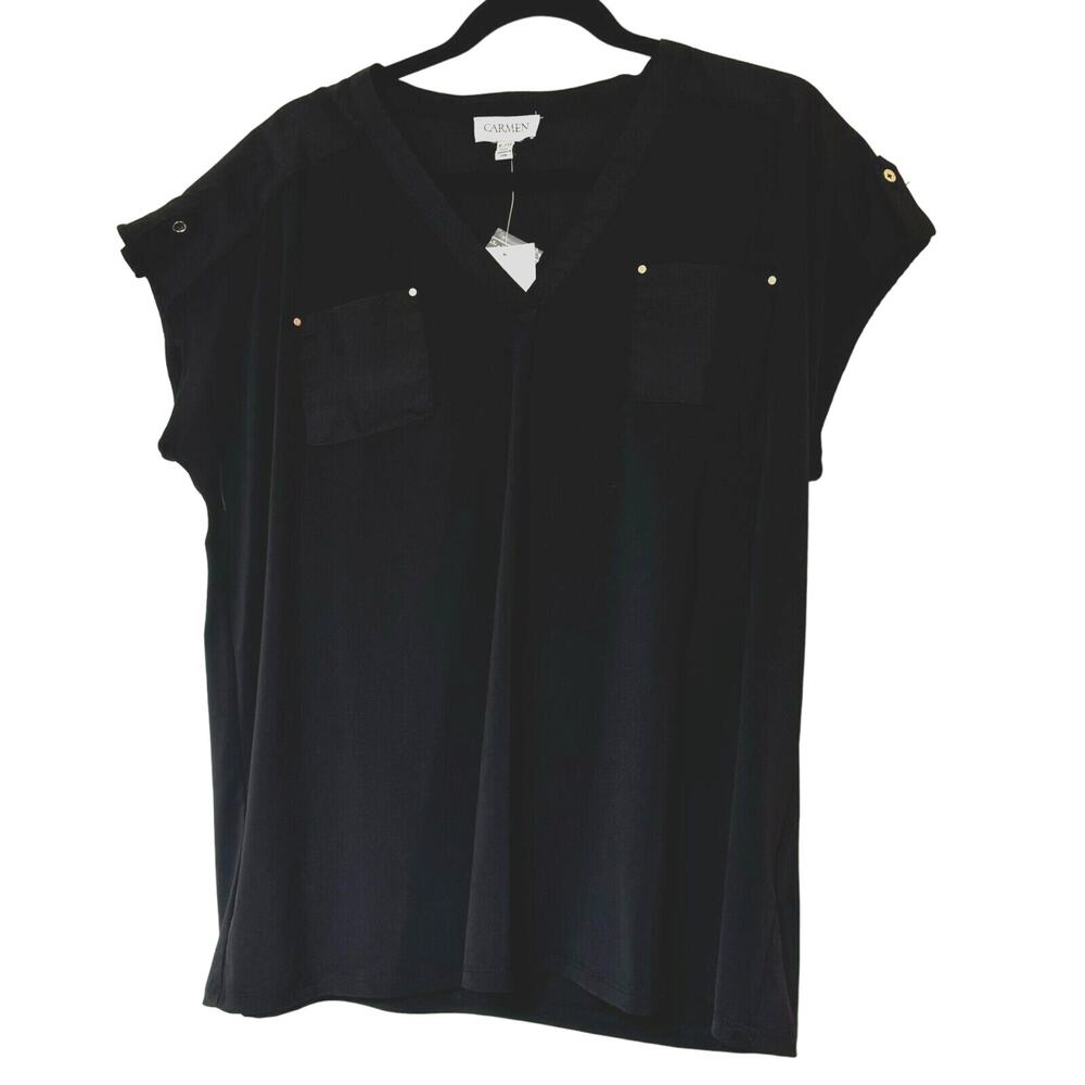CARMEN MARC VALVO NWT XL Black Short Sleeve Tunic Top Gold Buttons Chest Pockets - Picture 1 of 7